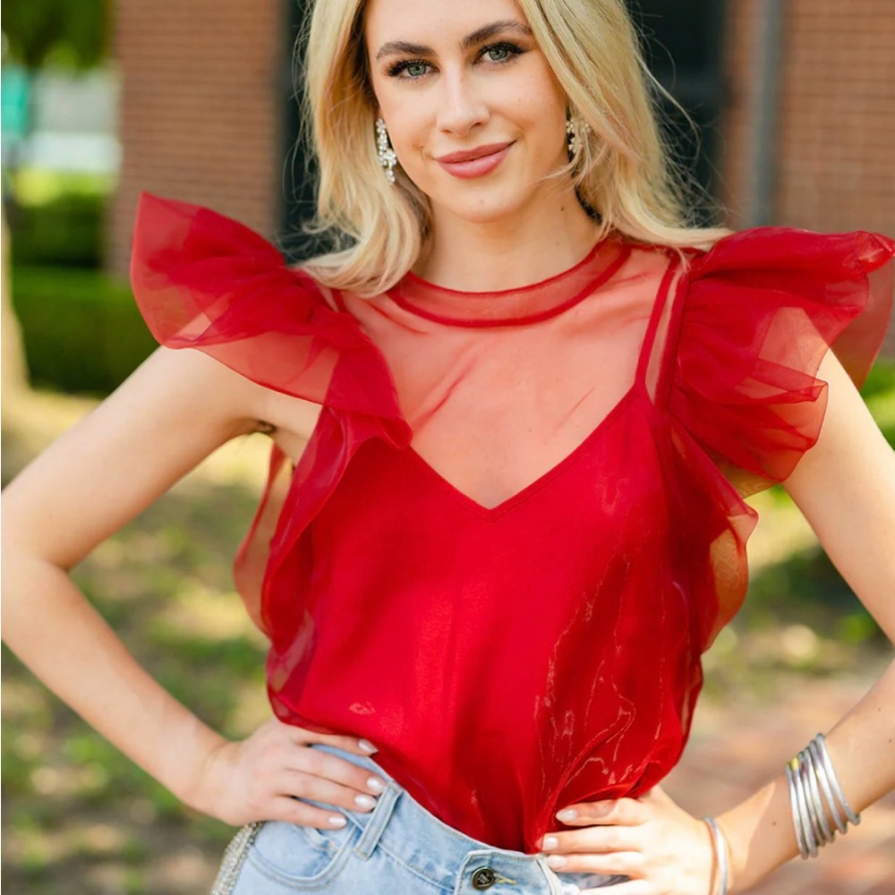 Buddy Love Red Flutter Sleeve Sheer Blouse